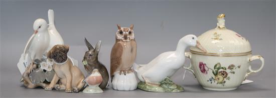 Five Royal Copenhagen animal models, a Bing & Grondahl figure of an owl and a Copenhagen Frijsenborg sucrier and cover,